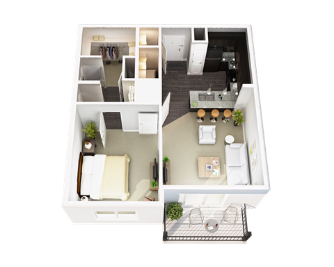 Floor plan for 1 bed, 1 bath, 719 sqft